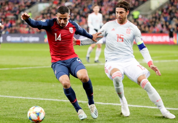 Spain' Sergio Ramos tries to steal the ball from Norway's Omar Elabdellaoui in their Euro 2020 qualifier