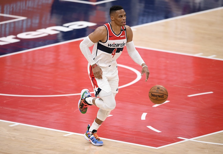 Washington Wizards guard Russell Westbrook dribbles the ball during an NBA match