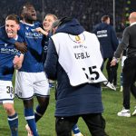 Bielefeld players rejoice after pulling off a DFB-Pokal semi-final upset against Leverkusen